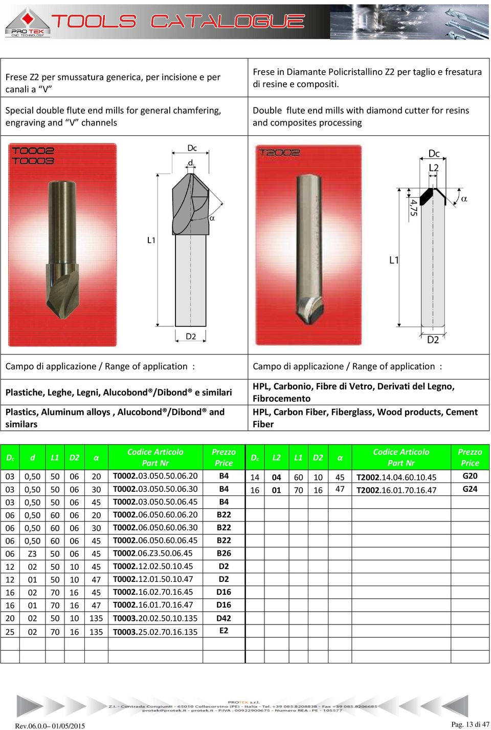 Double flute end mills with diamond cutter for resins and composites processing Campo di applicazione / Range of application : Campo di applicazione / Range of application : Plastiche, Leghe, Legni,
