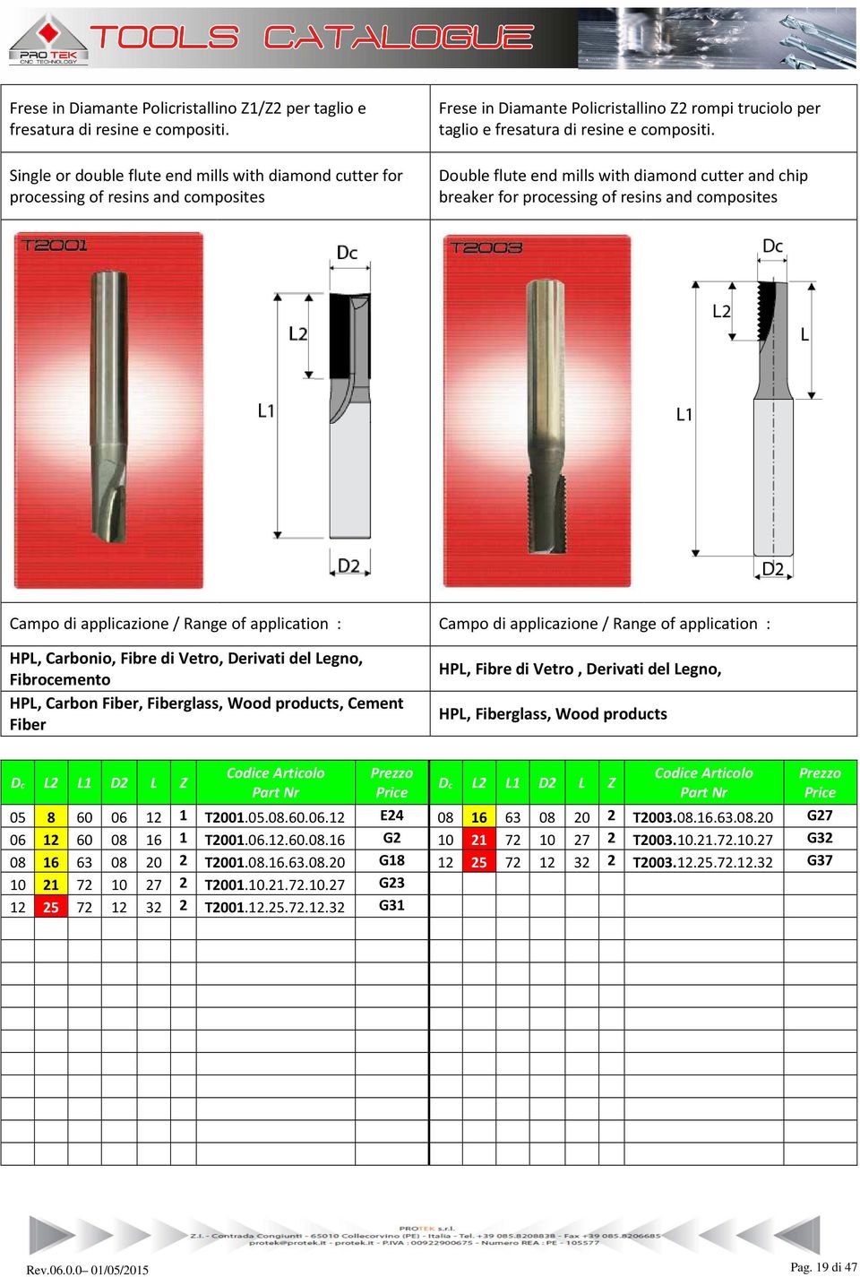 Double flute end mills with diamond cutter and chip breaker for processing of resins and composites Campo di applicazione / Range of application : Campo di applicazione / Range of application : HPL,