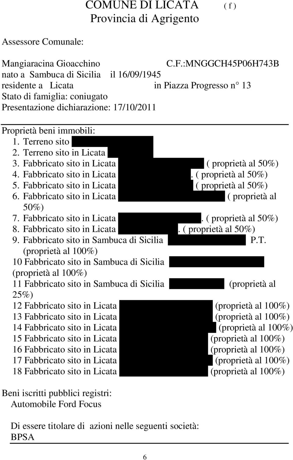 Terreno sito in Licata C.da Sabuci 2. Terreno sito in Licata C.da Sabuci 3. Fabbricato sito in Licata Piazza Progresso n. 13 ( proprietà al 50%) 4. Fabbricato sito in Licata Via Cacici n.5 P.T. ( proprietà al 50%) 5.