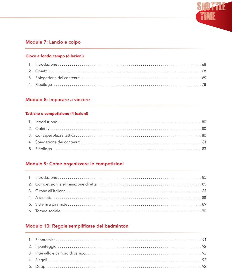 Riepilogo...83 Modulo 9: Come organizzare le competizioni 1. Introduzione...85 2. Competizioni a eliminazione diretta...85 3. Girone all italiana... 87 4. A scaletta...88 5.