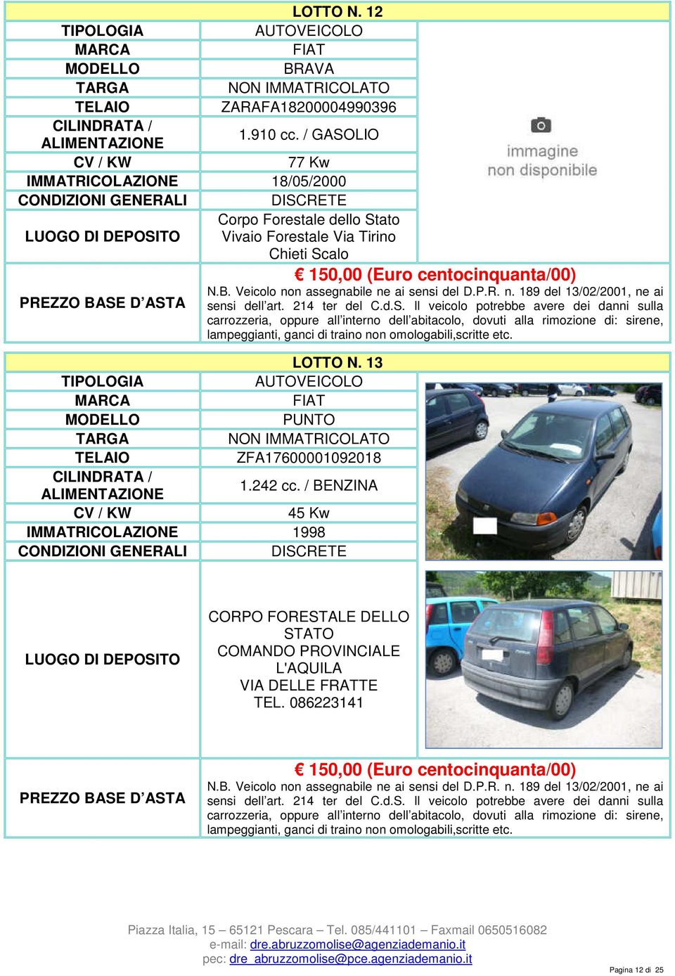 Tirino Chieti Scalo LOTTO N. 13 FIAT PUNTO ZFA17600001092018 1.242 cc.