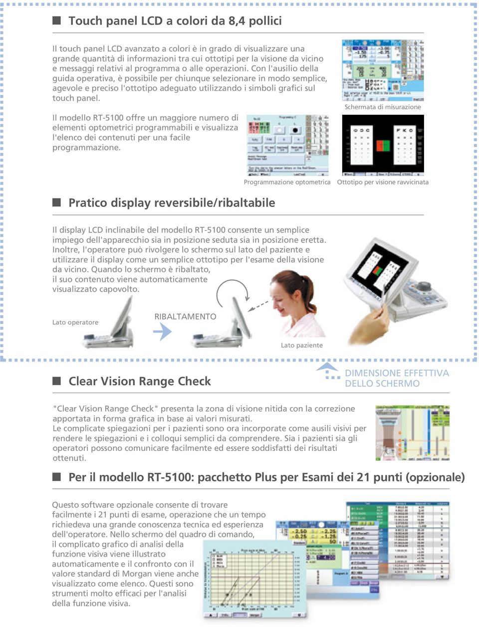 Con l'ausilio della guida operativa, è possibile per chiunque selezionare in modo semplice, agevole e preciso l'ottotipo adeguato utilizzando i simboli grafici sul touch panel.