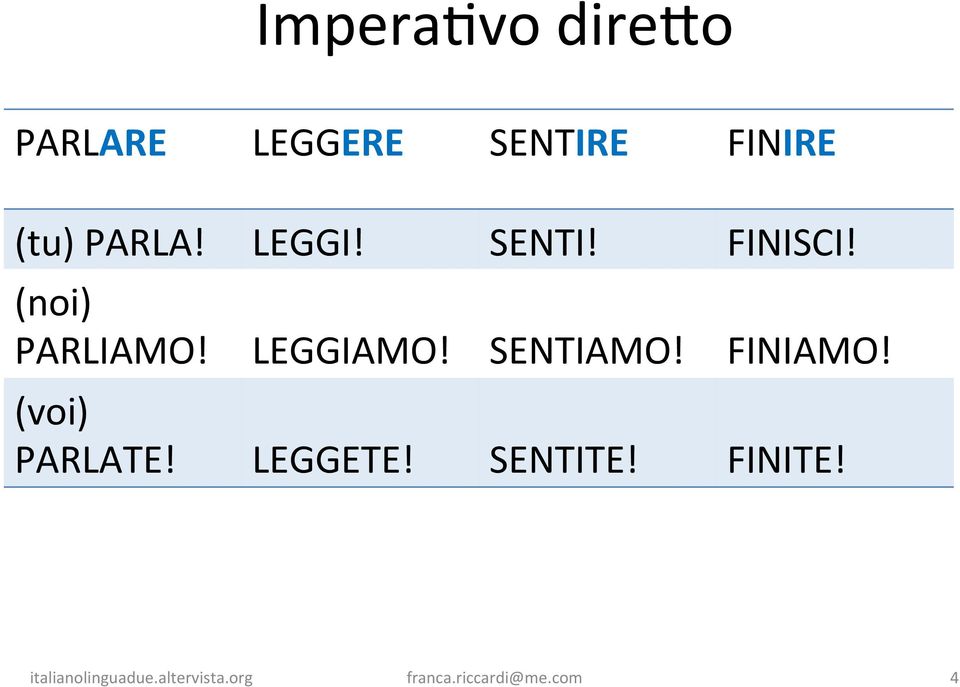 SENTIAMO! FINIAMO! (voi) PARLATE! LEGGETE! SENTITE!