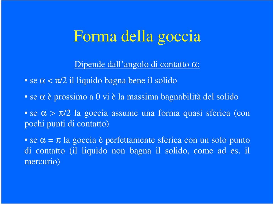 assume una forma quasi sferica (con pochi punti di contatto) se α = π la goccia è