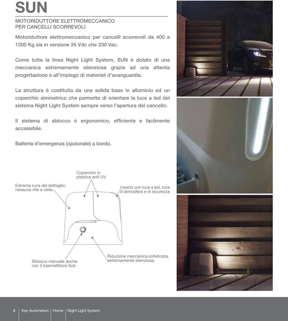 La struttura è costituita da una solida base in alluminio ed un coperchio simmetrico che permette di orientare la luce a led del sistema Night Light System sempre verso l apertura del cancello.