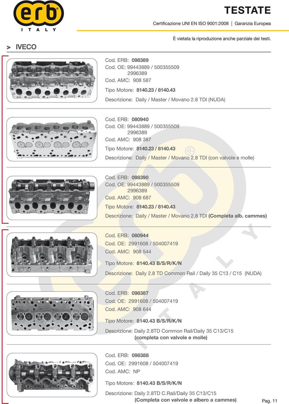 OE: 99443889 / 500355509 2996389 Cod. AMC: 908 687 Tipo Motore: 8140.23 / 8140.43 Descrizione: Daily / Master / Movano 2.8 TDI (Completa alb. cammes) Cod. ERB: 080944 Cod. OE: 2991608 / 504007419 Cod.