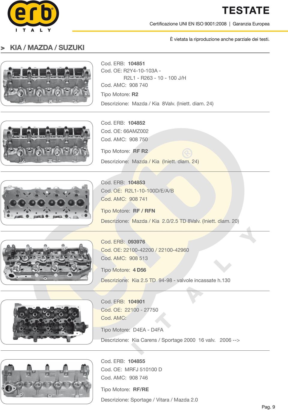 AMC: 908 741 Tipo Motore: RF / RFN Descrizione: Mazda / Kia 2.0/2.5 TD 8Valv. (Iniett. diam. 20) Cod. ERB: 093976 Cod. OE: 22100-42200 / 22100-42960 Cod.