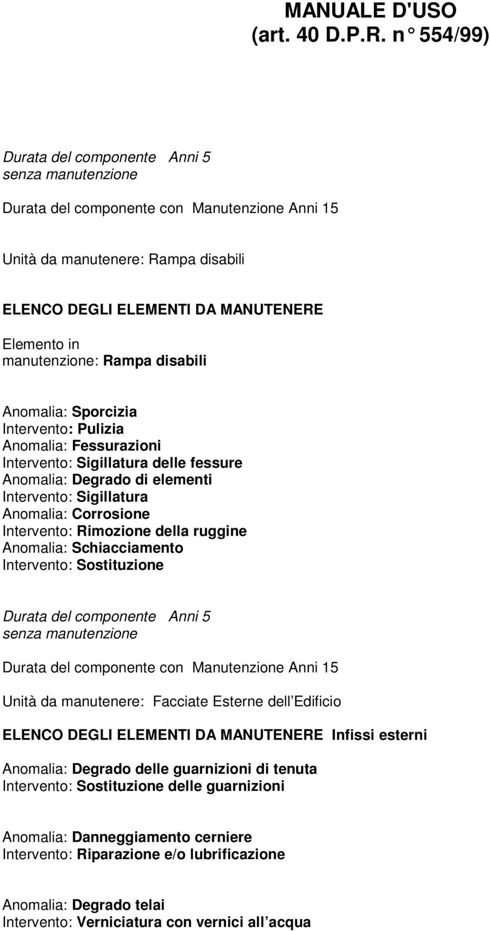 Elemento in manutenzione: Rampa disabili Anomalia: Sporcizia Intervento: Pulizia Anomalia: Fessurazioni Intervento: Sigillatura delle fessure Anomalia: Degrado di