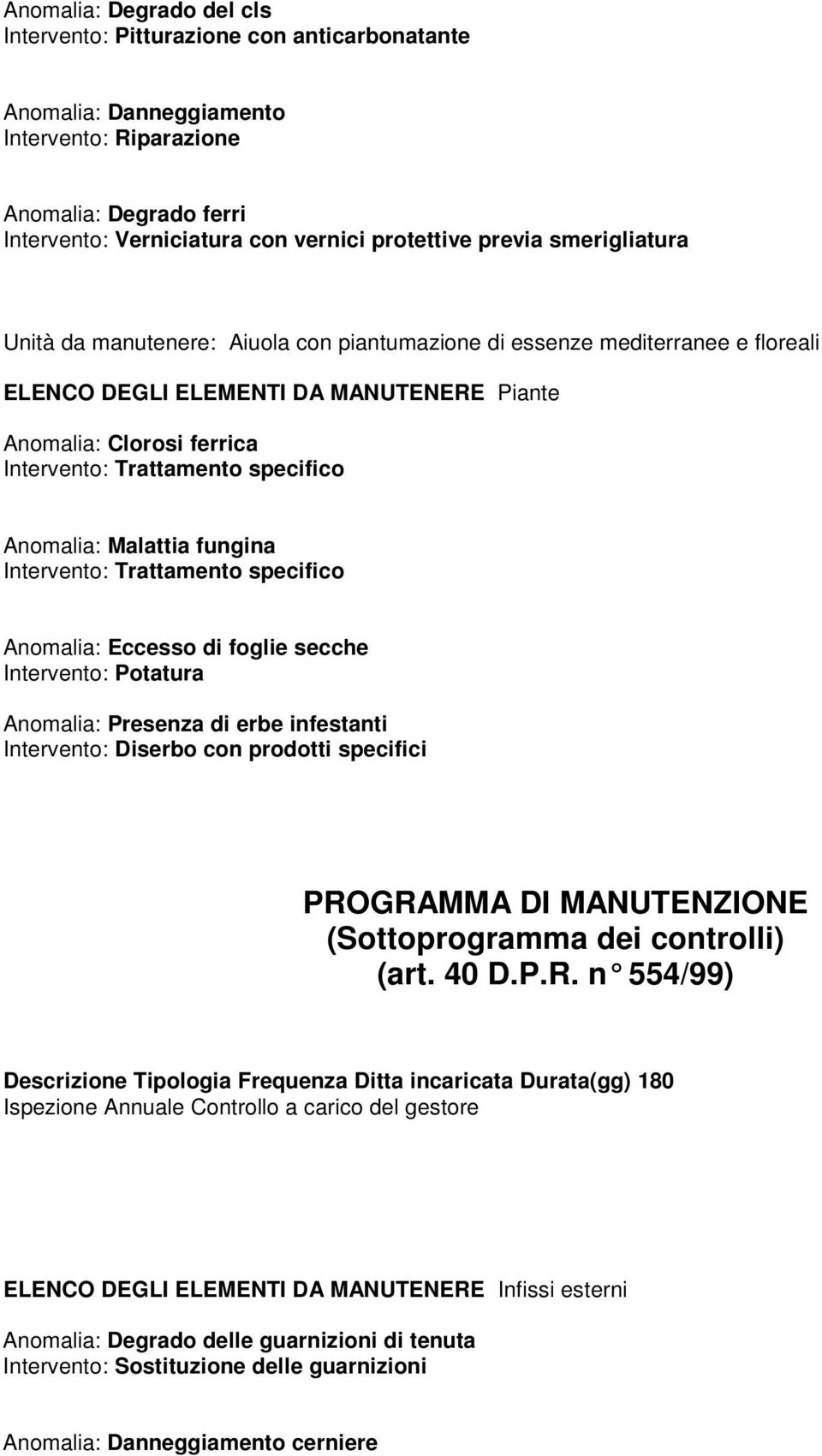 Anomalia: Malattia fungina Anomalia: Eccesso di foglie secche Intervento: Potatura Anomalia: Presenza di erbe infestanti Intervento: Diserbo con prodotti specifici PROGRAMMA DI