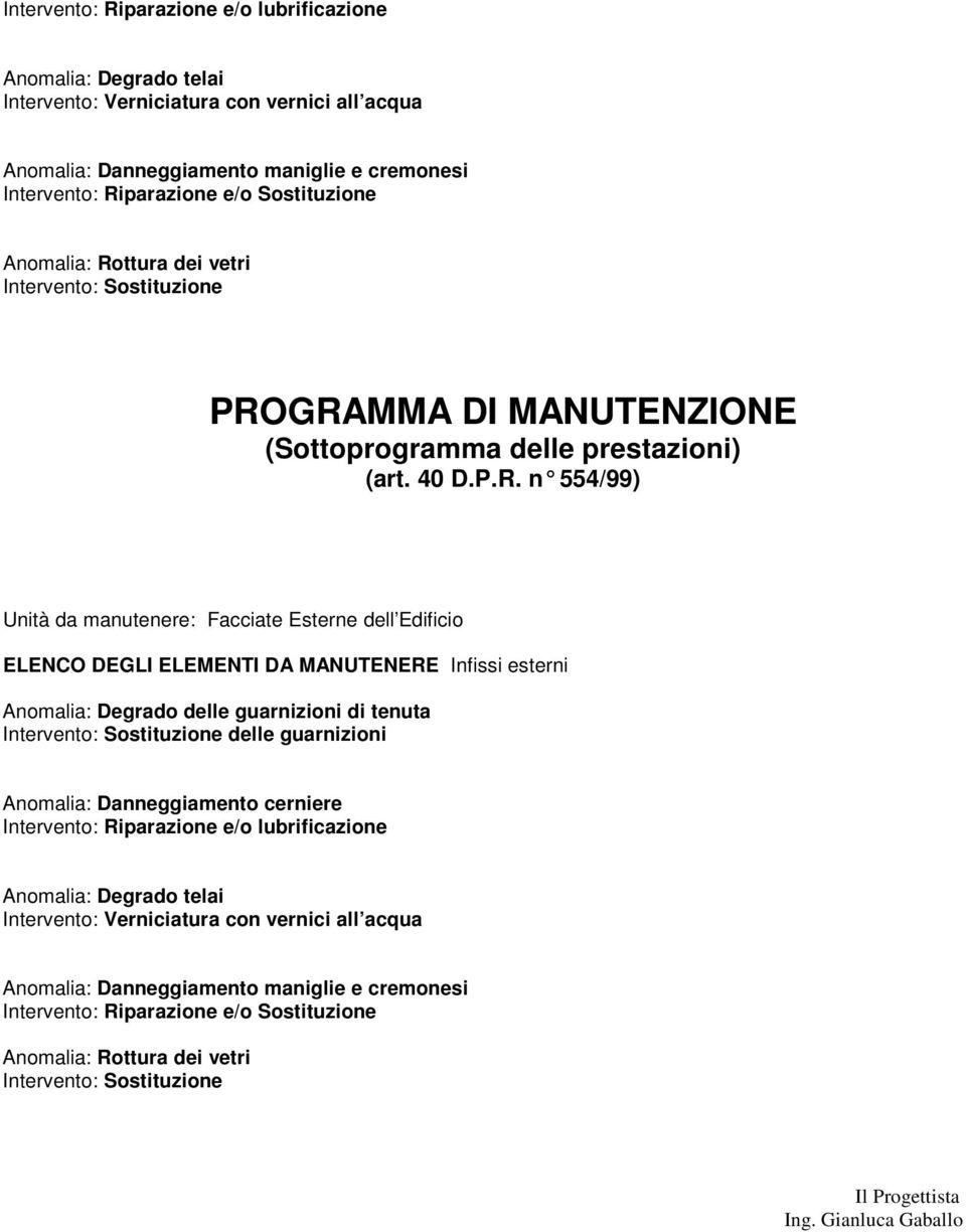 da manutenere: Facciate Esterne dell Edificio delle guarnizioni  Il Progettista Ing.