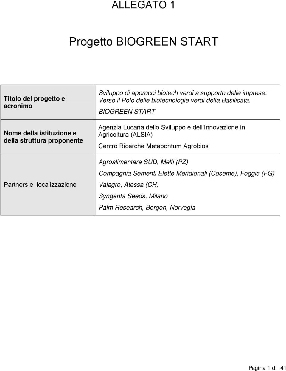 BIOGREEN START Agenzia Lucana dello Sviluppo e dell Innovazione in Agricoltura (ALSIA) Centro Ricerche Metapontum Agrobios Agroalimentare