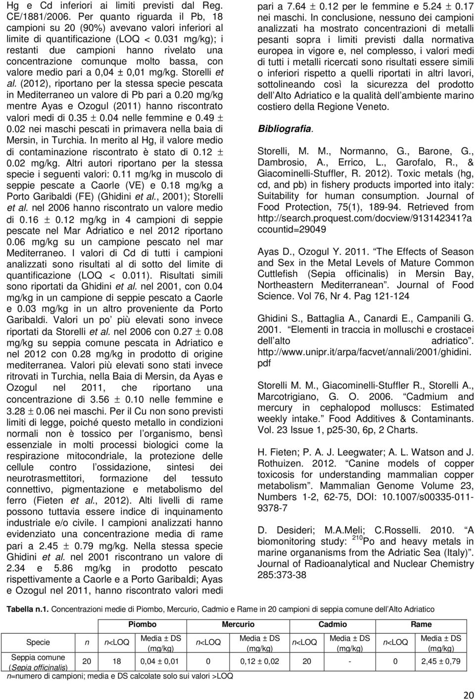 (2012), riportano per la stessa specie pescata in Mediterraneo un valore di Pb pari a 0.20 mg/kg mentre Ayas e Ozogul (2011) hanno riscontrato valori medi di 0.35 ± 0.04 nelle femmine e 0.49 ± 0.