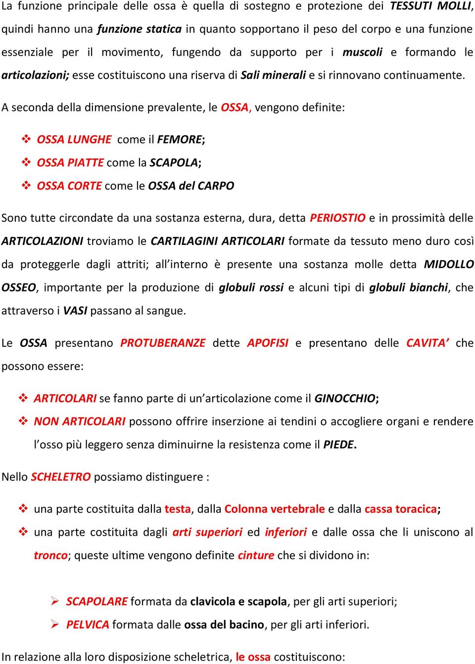 A seconda della dimensione prevalente, le OSSA, vengono definite: OSSA LUNGHE come il FEMORE; OSSA PIATTE come la SCAPOLA; OSSA CORTE come le OSSA del CARPO Sono tutte circondate da una sostanza