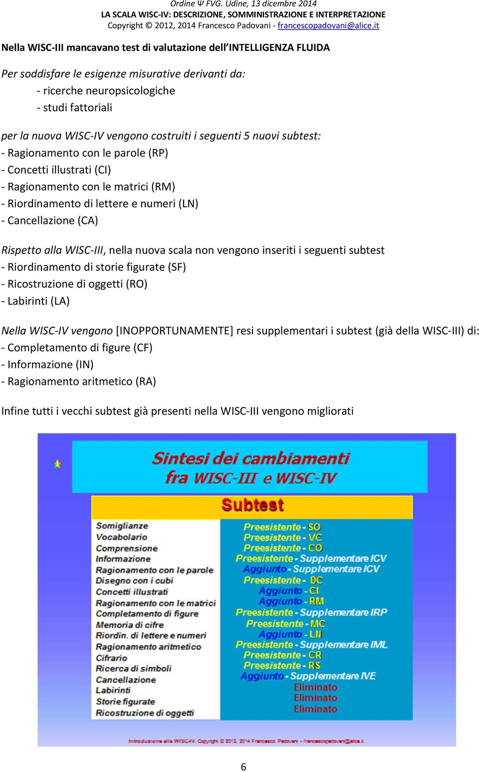 Rispetto alla WISC-III, nella nuova scala non vengono inseriti i seguenti subtest - Riordinamento di storie figurate (SF) - Ricostruzione di oggetti (RO) - Labirinti (LA) Nella WISC-IV vengono