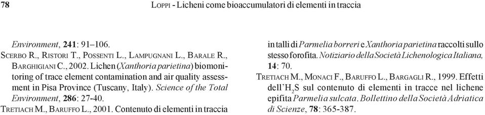 TRETIACH M., BARUFFO L., 2001. Contenuto di elementi in traccia in talli di Parmelia borreri e Xanthoria parietina raccolti sullo stesso forofita.
