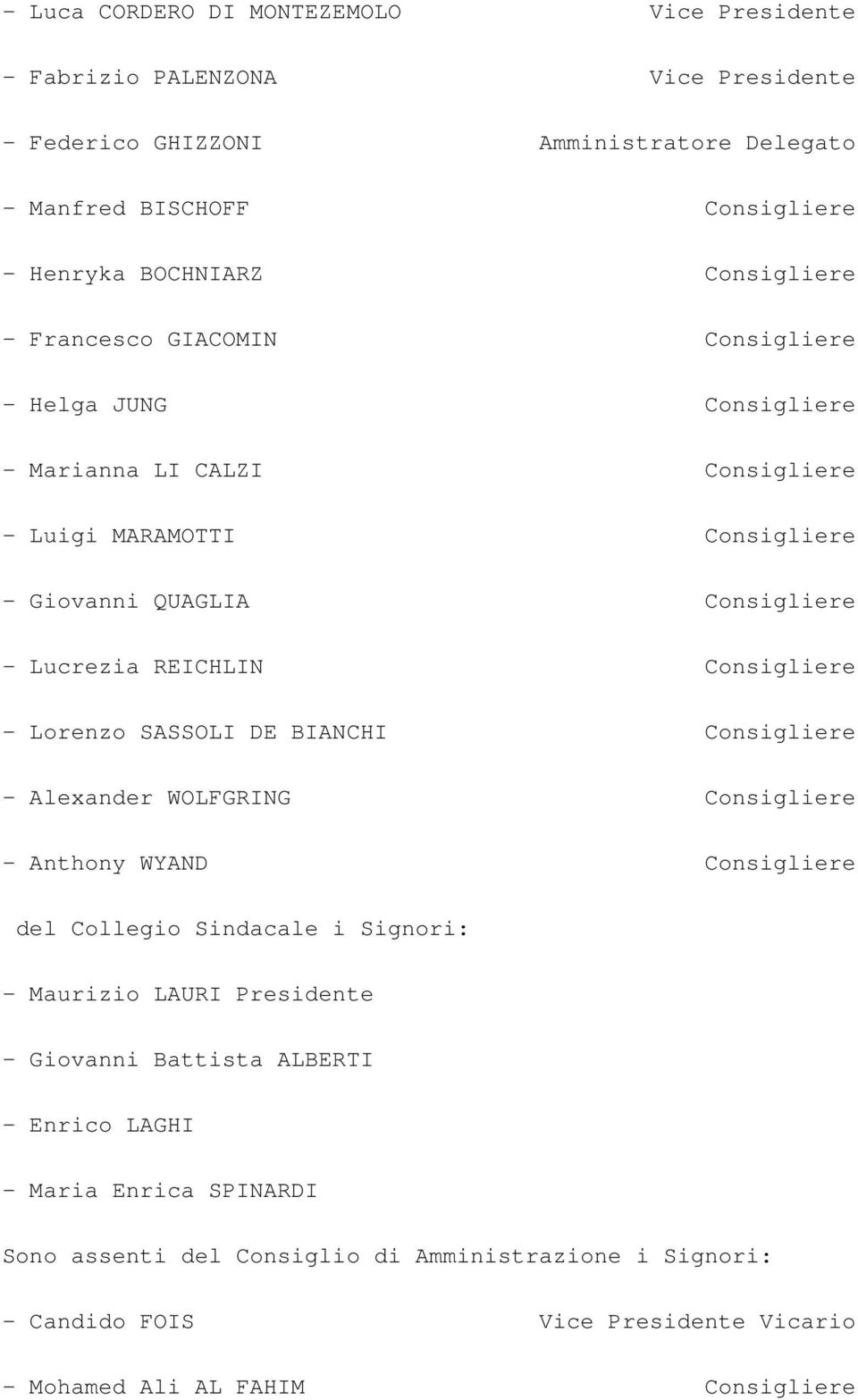 Consigliere - Lorenzo SASSOLI DE BIANCHI Consigliere - Alexander WOLFGRING Consigliere - Anthony WYAND Consigliere del Collegio Sindacale i Signori: - Maurizio LAURI Presidente -