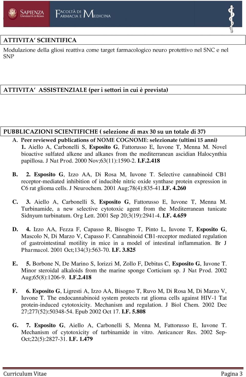 Novel bioactive sulfated alkene and alkanes from the mediterranean ascidian Halocynthia papillosa. J Nat Prod. 2000 Nov;63(11):1590-2. I.F.2.418 B. 2. Esposito G, Izzo AA, Di Rosa M, Iuvone T.