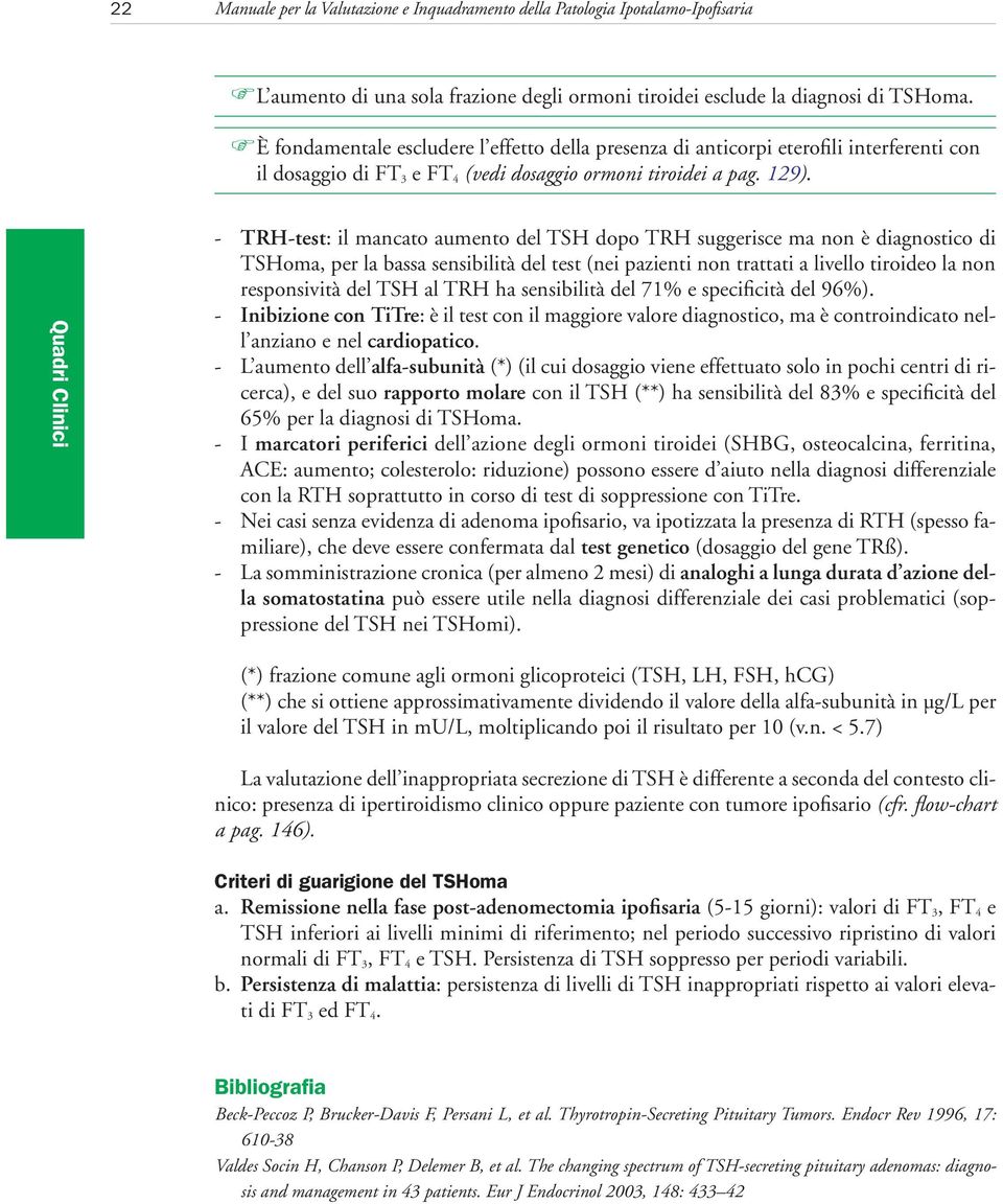 - TRH-test: il mancato aumento del TSH dopo TRH suggerisce ma non è diagnostico di TSHoma, per la bassa sensibilità del test (nei pazienti non trattati a livello tiroideo la non responsività del TSH