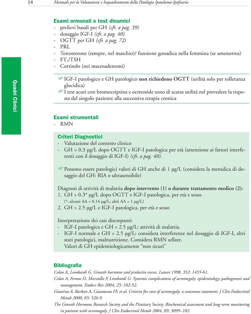 72) - PRL - Testosterone (sempre, nel maschio)/ funzione gonadica nella femmina (se amenorrea) - FT 4 /TSH - Cortisolo (nei macroadenomi) IGF-I patologico e GH patologico non richiedono OGTT (utilità