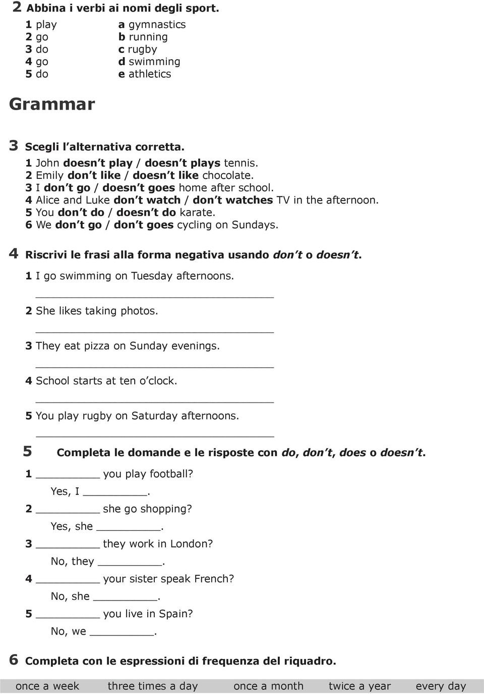 on Sundays Riscrivi le frasi alla forma negativa usando don t o doesn t I go swimming on Tuesday afternoons She likes taking photos They eat pizza on Sunday evenings School starts at ten o clock play