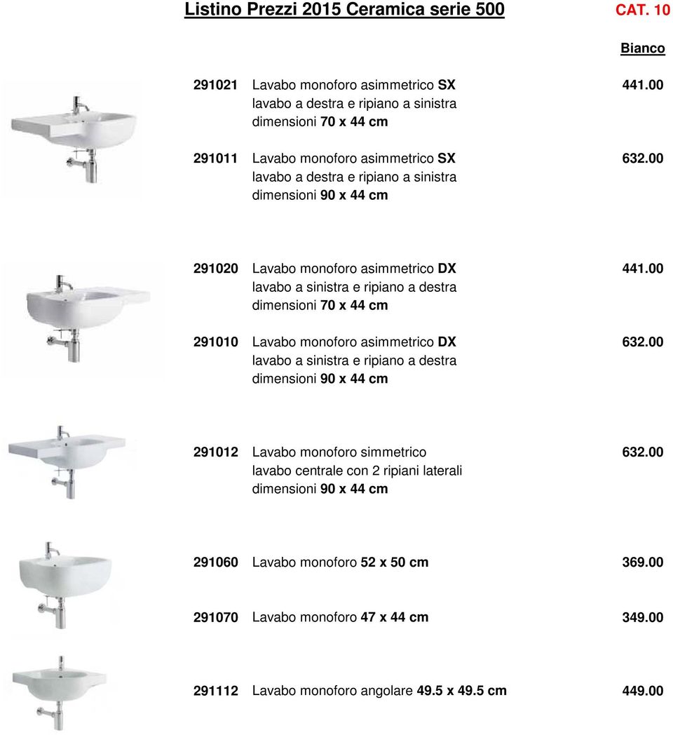 00 lavabo a destra e ripiano a sinistra dimensioni 90 x 44 cm 291020 Lavabo monoforo asimmetrico DX 441.