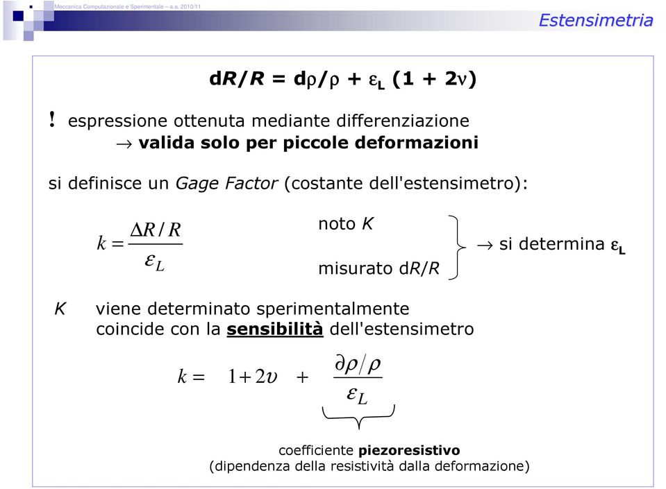 Gage Factor (costante dell'estensimetro): k = R / ε L R noto K misurato dr/r si determina ε L K