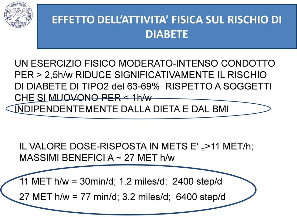 PER < 1h/w INDIPENDENTEMENTE DALLA DIETA E DAL BMI IL VALORE DOSE-RISPOSTA IN METS E = >11 MET/h; MASSIMI