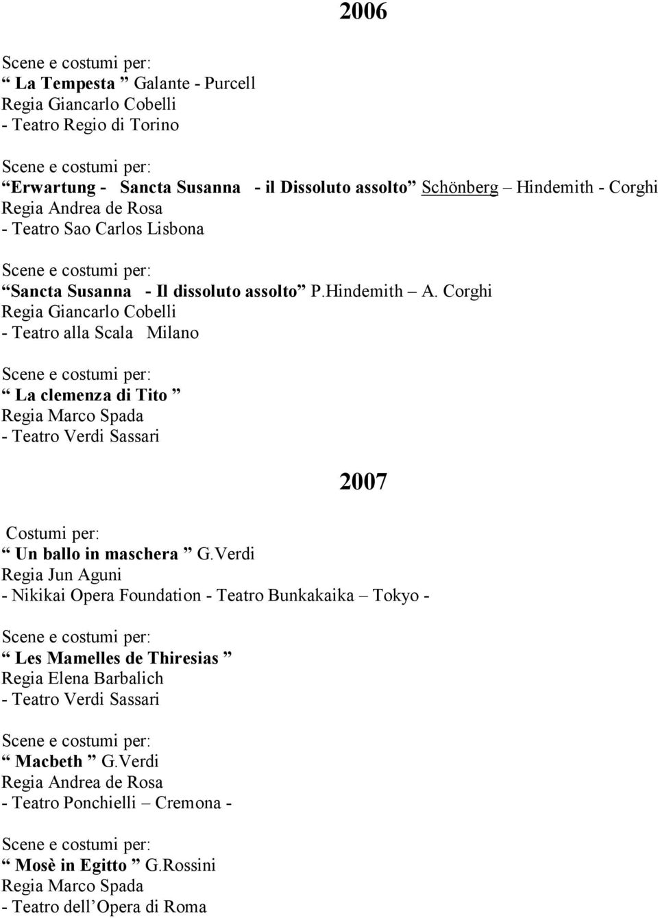 Corghi Regia Giancarlo Cobelli - Teatro alla Scala Milano La clemenza di Tito Regia Marco Spada 2007 Un ballo in maschera G.