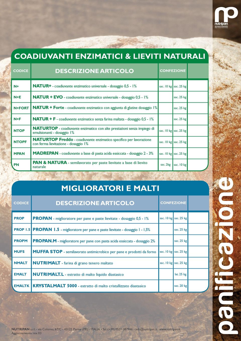 impiego di NATURTOP Freddo - coadiuvante enzimatico specifico per lavorazione con ferma lievitazione - dosaggio 1% MPAN MADREPAN - coadiuvante a base di pasta acida essiccata - dosaggio 2-3% PN