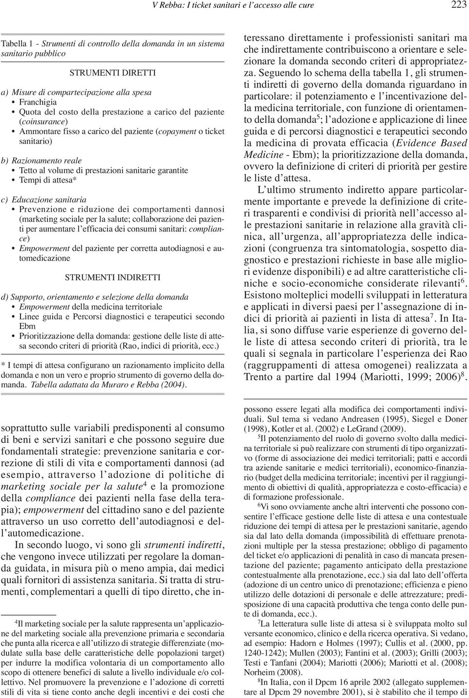 prestazioni sanitarie garantite Tempi di attesa* c) Educazione sanitaria Prevenzione e riduzione dei comportamenti dannosi (marketing sociale per la salute; collaborazione dei pazienti per aumentare