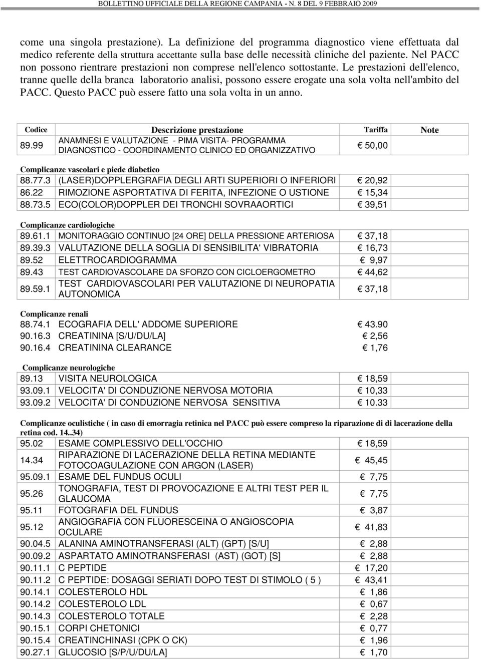 Le prestazioni dell'elenco, tranne quelle della branca laboratorio analisi, possono essere erogate una sola volta nell'ambito del PACC. Questo PACC può essere fatto una sola volta in un anno.