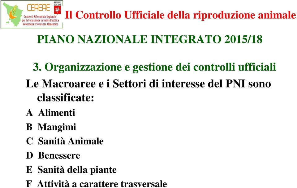 i Settori di interesse del PNI sono classificate: A Alimenti B