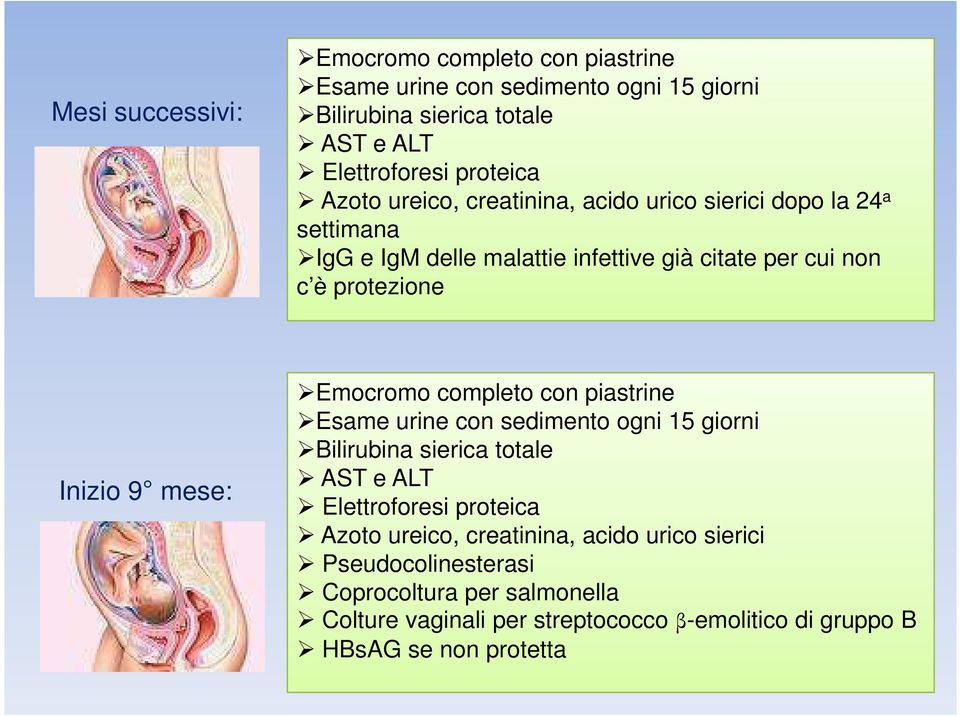 mese: Emocromo completo con piastrine Esame urine con sedimento ogni 15 giorni Bilirubina sierica totale AST e ALT Elettroforesi proteica Azoto ureico,