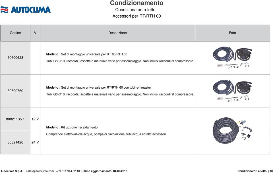 Modello : Set di montaggio universale per RT/RTH 60 con tubi refrimaster 60600760 Tubi G8-G10, raccordi, fascette  80821135.