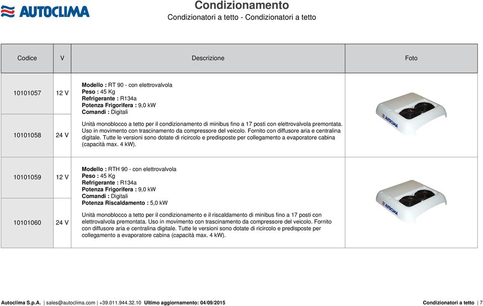 Fornito con diffusore aria e centralina digitale. Tutte le versioni sono dotate di ricircolo e predisposte per collegamento a evaporatore cabina (capacità max. 4 kw).