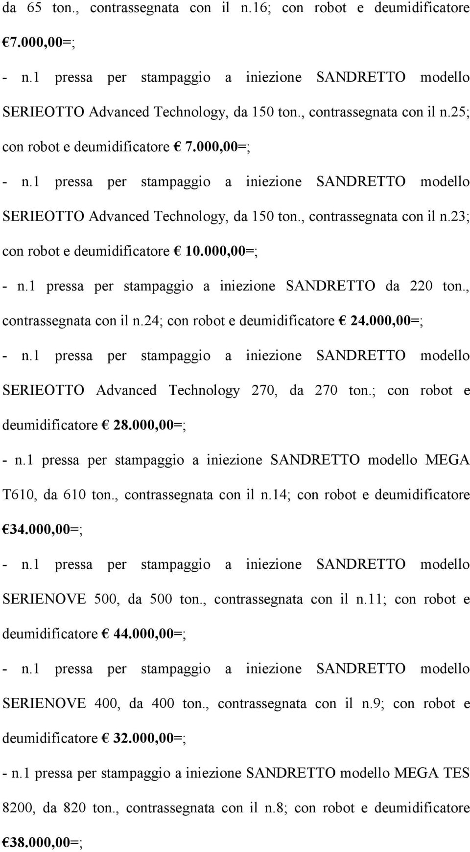 , contrassegnata con il n.24; con robot e deumidificatore 24.000,00=; SERIEOTTO Advanced Technology 270, da 270 ton.; con robot e deumidificatore 28.000,00=; MEGA T610, da 610 ton.