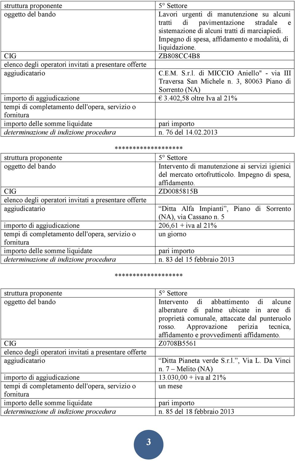 402,58 oltre Iva al 21% tempi di completamento dell'opera, servizio o determinazione di indizione procedura n. 76 del 14.02.2013 Intervento di manutenzione ai servizi igienici del mercato ortofrutticolo.