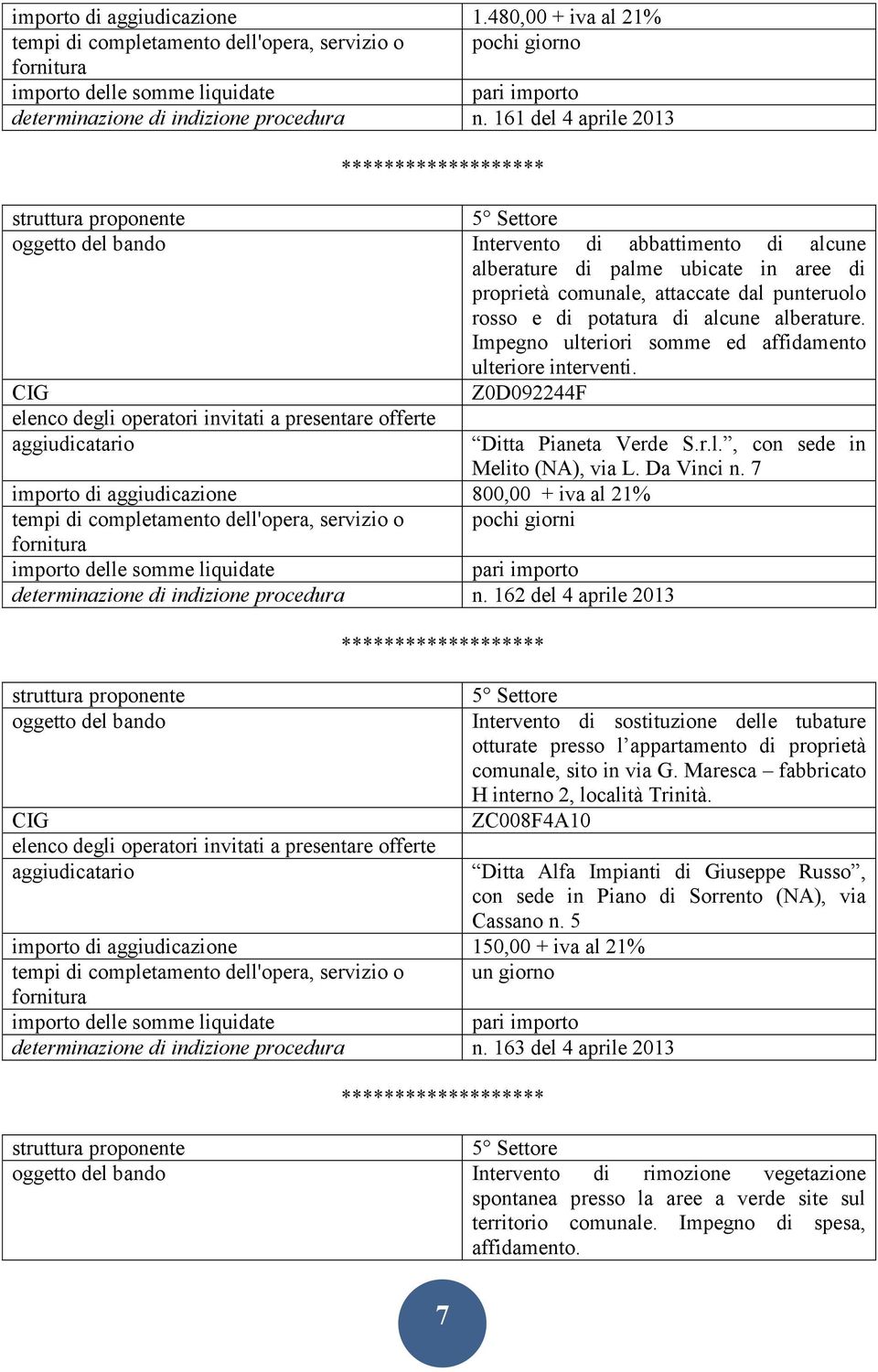 Impegno ulteriori somme ed affidamento ulteriore interventi. Z0D092244F Ditta Pianeta Verde S.r.l., con sede in Melito (NA), via L. Da Vinci n.