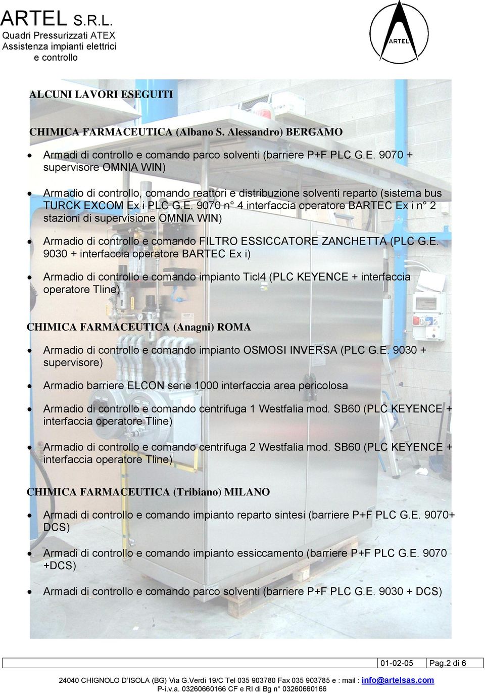 Armadio di controllo e comando impianto Ticl4 (PLC KEYENCE + interfaccia operatore Tline) CHIMICA FARMACEUTICA (Anagni) ROMA Armadio di controllo e comando impianto OSMOSI INVERSA (PLC G.E. 9030 + supervisore) Armadio barriere ELCON serie 1000 interfaccia area pericolosa Armadio di controllo e comando centrifuga 1 Westfalia mod.