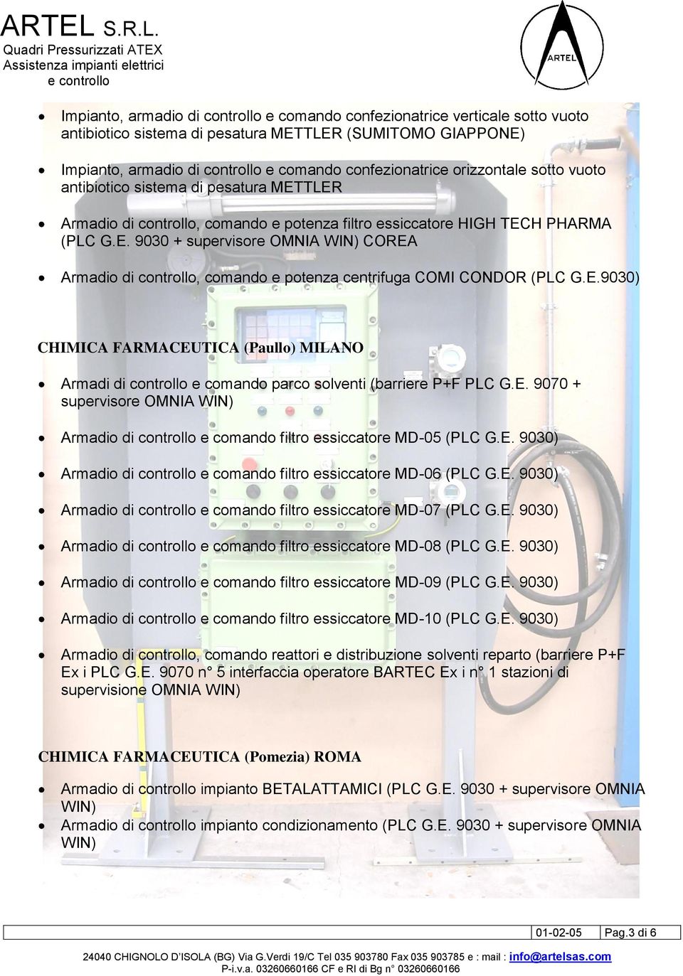 E.9030) CHIMICA FARMACEUTICA (Paullo) MILANO Armadi di controllo e comando parco solventi (barriere P+F PLC G.E. 9070 + supervisore OMNIA WIN) Armadio di controllo e comando filtro essiccatore MD-05 (PLC G.