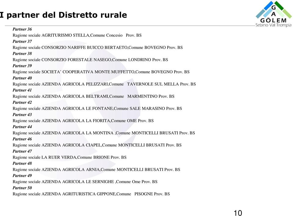 BS Partner 40 Ragione sociale AZIENDA AGRICOLA PELIZZARI,Comune TAVERNOLE SUL MELLA Prov. BS Partner 41 Ragione sociale AZIENDA AGRICOLA BELTRAMI,Comune MARMENTINO Prov.