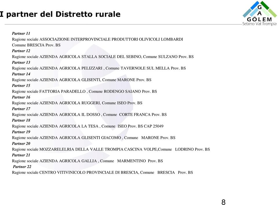 BS Partner 14 Ragione sociale AZIENDA AGRICOLA GLISENTI, Comune MARONE Prov. BS Partner 15 Ragione sociale FATTORIA PARADELLO, Comune RODENGO SAIANO Prov.