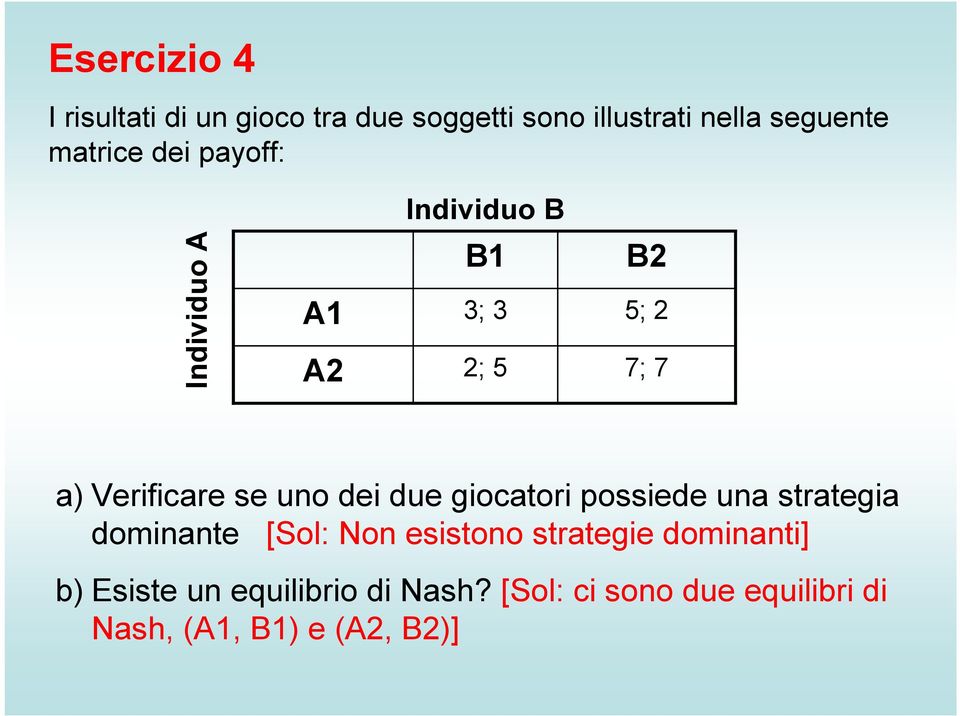 se uno dei due giocatori possiede una strategia dominante [Sol: Non esistono strategie