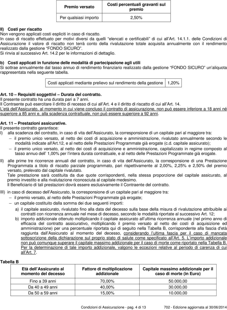 .1.1. delle Condizioni di Assicurazione il valore di riscatto non terrà conto della rivalutazione totale acquisita annualmente con il rendimento realizzato dalla gestione FONDO SICURO.