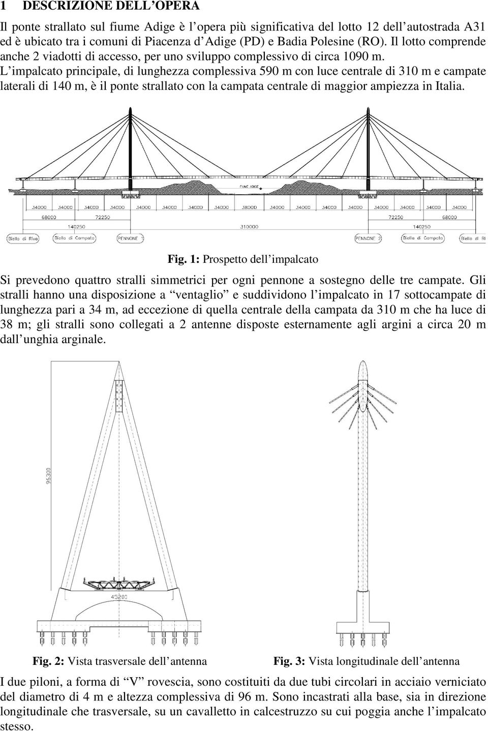 L impalcato principale, di lunghezza complessiva 590 m con luce centrale di 310 m e campate laterali di 140 m, è il ponte strallato con la campata centrale di maggior ampiezza in Italia. Fig.