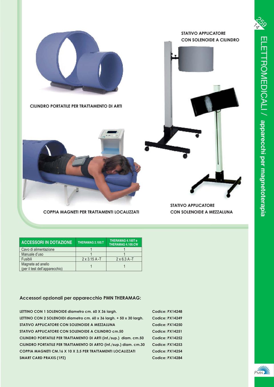3 A -T Magnete ad anello (per il test dell apparecchio) 1 1 Accessori opzionali per apparecchio PMN THERAMAG: LETTINO CON 1 SOLENOIDE diametro cm. 60 X 36 largh. LETTINO CON 2 SOLENOIDI diametro cm.