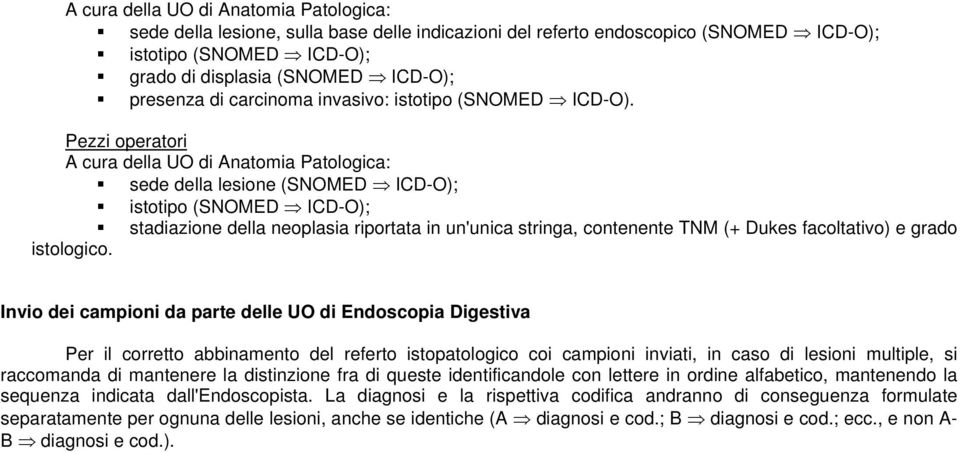 Pezzi operatori A cura della UO di Anatomia Patologica: sede della lesione (SNOMED ICD-O); istotipo (SNOMED ICD-O); stadiazione della neoplasia riportata in un'unica stringa, contenente TNM (+ Dukes