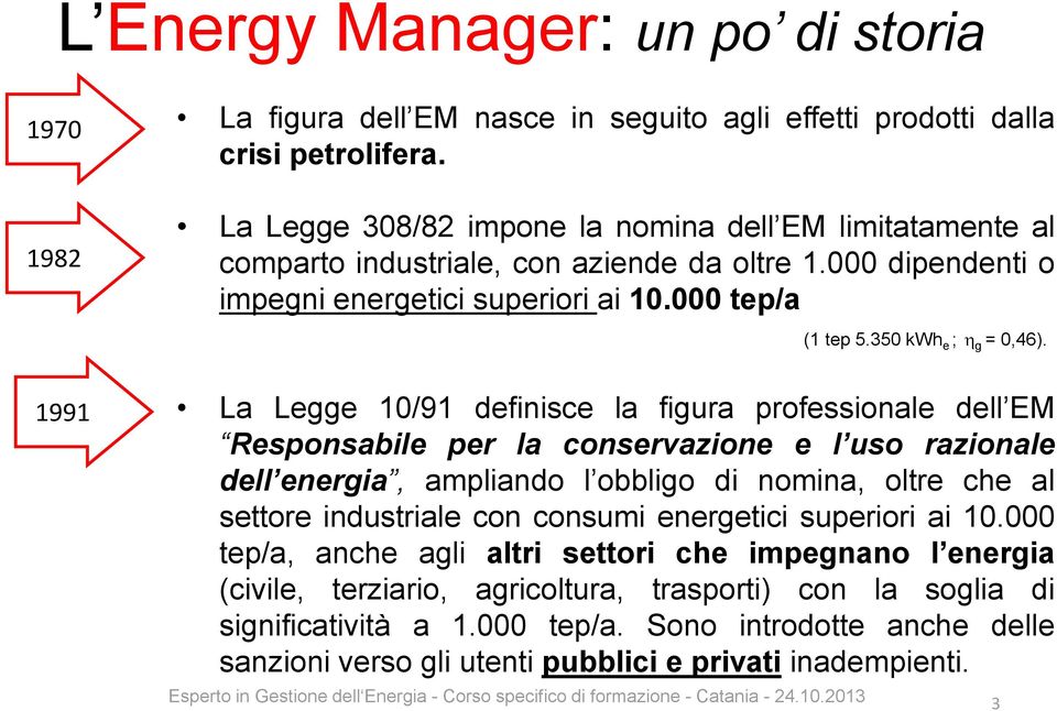 1991 La Legge 10/91 definisce la figura professionale dell EM Responsabile per la conservazione e l uso razionale dell energia, ampliando l obbligo di nomina, oltre che al settore industriale con