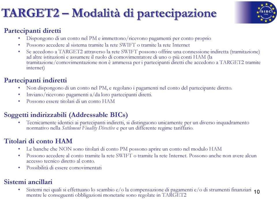 HAM (la tramitazione/comovimentazione non è ammessa per i partecipanti diretti che accedono a TARGET2 tramite internet) Partecipanti indiretti Non dispongono di un conto nel PM, e regolano i