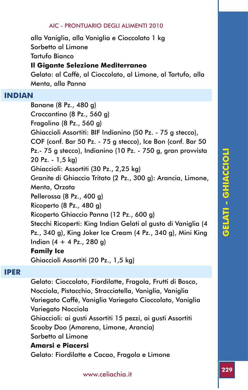 Bar 50 Pz.- 75 g stecco), Indianino (10 Pz. - 750 g, gran provvista 20 Pz. - 1,5 kg) Ghiaccioli: Assortiti (30 Pz., 2,25 kg) Granite di Ghiaccio Tritato (2 Pz.